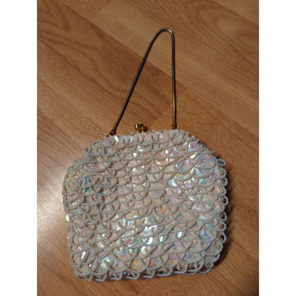 Clutch Evening Bag White Bead Sequin Vintage Wire Strap Hong Kong - Picture 2 of 10